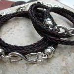 His and Hers Set of Infinity Bracelets, Leather Bracelet, Mens, Womens, Natural Antique Brown Braided