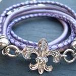 Leather Bracelet, Antique Silver/ Double Strand Metallic Purple/ Lavander, Crystal Fleur -de- lis, Womens Jewelry, Womens Bracelet