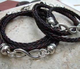His and Hers Set of Infinity Bracelets, Leather Bracelet, Mens, Womens, Natural Antique Brown Braided