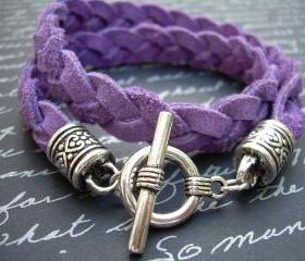 Purple Leather Bracelet, Flat Braided Suede