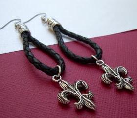 Earrings, Black Braided Leather, Fleur De Lis - Urban Survival Gear USA