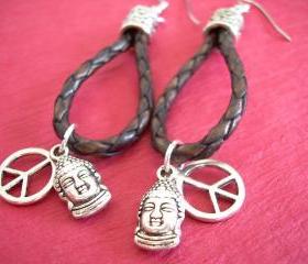 Earrings, Braided Leather Earrings, Antique Brown Braided, Buddha, Peace Sign - Urban Survival Gear USA
