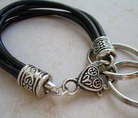 Womens Black Leather Bracelet - Valet Keychain - Four Strand / Urban Survival Gear USA