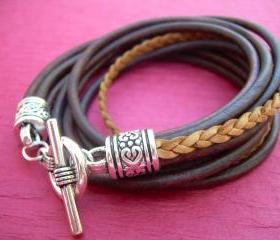 Womens Leather Bracelet, Five Strand, Double Wrap, Antique Brown / Natural