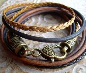 Womens Leather Bracelet, Five Strand, Double Wrap, Natural, Antique Brown, Antique Bronze, Mothers Day Gift