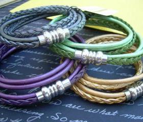 Womens Leather Bracelet, Stainless Steel Magnetic Clasp, Double Wrap Bracelet, Triple Strand Bracelet