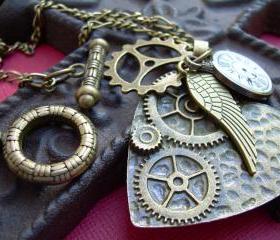 Necklace, Pendant, Charms of Antique Bronze, Steampunk Necklace, Womens Necklace