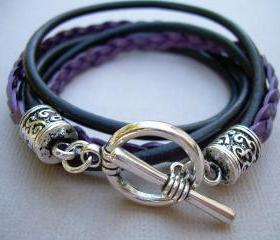 Womens Leather Bracelet, Double Wrap, Toggle Closure, Metallic Berry and Black