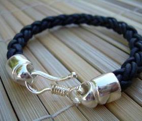 Mens Leather Bracelet , Sterling Silver Plate Clip Closure Clasp, Natural Black Braided