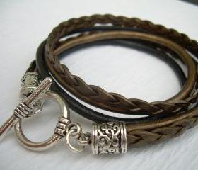 Womens Leather Bracelet , Metallic Gold Bronze and Black, Triple Strand, Double Wrap, Toggle Closure, Mothers Day Gift