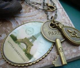 Womens Necklace, Chain, Antique Bronze Toned With Paris Pendants