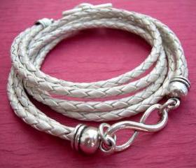 Leather Bracelet, Infinity Bracelet, Metallic Pearl, Braided, Toggle Closure, Triple Wrap, Bride , Wedding, Mothers Day Gift