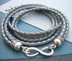 Leather Bracelet, Infinity Bracelet, Metallic Gray - Silver, Braided, Toggle Closure, Triple Wrap, Mothers Day Gift