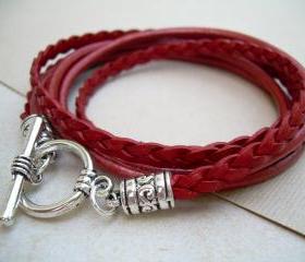 Triple Wrap Leather Bracelet with Toggle Clasp - Metallic Red - Mothers Day Gift, Womens Bracelet, Womens Jewelry