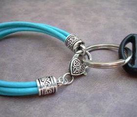 Womens Turquoise Leather Bracelet - Valet Keychain - Four Strand - Womens Jewelry - Womens Bracelet - Leather Bracelet