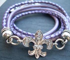 Leather Bracelet, Antique Silver/ Double Strand Metallic Purple/ Lavander, Crystal Fleur -de- lis, Womens Jewelry, Womens Bracelet