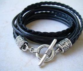 Womens Leather Bracelet, Five Strand, Double Wrap, Black, Womens Jewelry, Womens Bracelet, Womens Gift