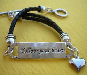 Leather Bracelet, Antique Silver/ Double Strand, Black Braid, Heart Charm, Follow your heart, Womens Jewelry, Womens Bracelet, Womens Gift