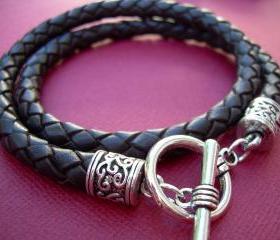 Black Braided Leather Bracelet Unisex Mens Womens Toggle Closure Urban Survival Gear USA