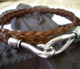 Womens, Mens, Unisex Leather Bracelet, Triple Wrap, Natural Brown, Flat Braided, Hook Closure Clasp TSB20 Urban Survival Gear USA