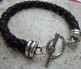 Mens Leather Bracelet, Natural Antique Brown, With Toggle Clasp