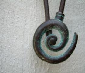 Leather Necklace, Men's Women's Unisex, Green Patina Bronze, Brown -Tribal Inspired, Spiral Pendant Closure