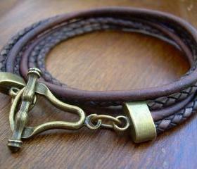 Leather Bracelet, Mens, Womens, Unisex, Double Wrap,Triple Strand, Antique Bronze/ Antique Brown