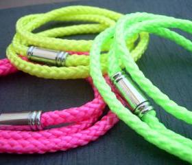 Womens Leather Bracelet, Alternative, Triple Wrap, Braided, Neon Colors, Vegan