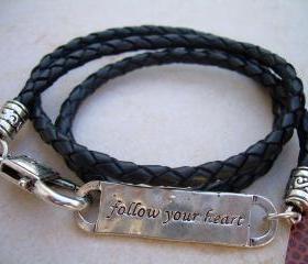 Leather Bracelet, Triple Wrap, Mens, Womens, Unisex, Antique Silver/ Black Braid
