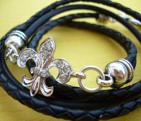 Leather Bracelet, Antique Silver/ Double Strand Black, Crystal Fleur -de- lis, Triple Wrap