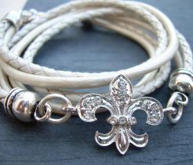 Leather Bracelet, Antique Silver/ Double Strand Metallic Pearl, Crystal Fleur -de- lis,Triple Wrap