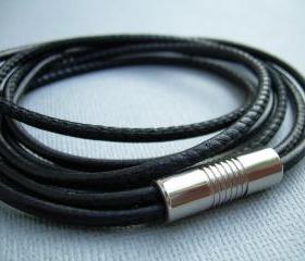 Mens Premium Stitched Nappa Leather Bracelet with Stainless Steel Magnetic Clasp - Triple Wrap Double Strand Black