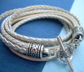 Womens Leather Bracelet, Five Strand, Double Wrap, Metallic Pearl, Wedding