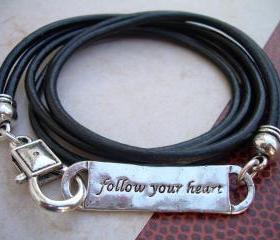 Mens, Womens, Unisex, Triple Wrap Leather Bracelet, Antique Silver/ Double Strand Black