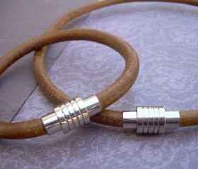 Leather Bracelet and Leather Necklace, Two piece Set, Stainless Steel Magnetic Clasps, Mens, Natural
