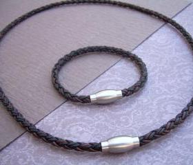 Leather Bracelet and Leather Necklace, Two piece Set, Stainless Steel Magnetic Clasps, Mens, Ant Brown Braid