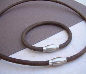 Leather Bracelet and Leather Necklace, Two piece Set, Stainless Steel Magnetic Clasps, Mens, Ant. Brown