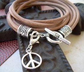 Womens Leather Bracelet Four Strand Double Wrap Natural With Loster Clasp Charm
