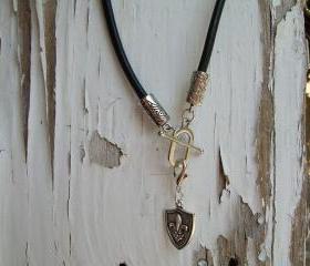 Black Leather Necklace Mens, Unisex, Toggle Closure - With Free Lobster Clasp Pendant