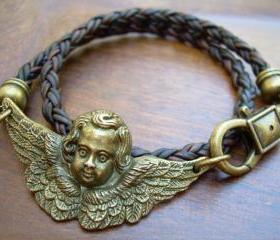 Womens Leather Bracelet, Angel, Wings, Antique Bronze/ Antique Brown Braided, Double Wrap, Steampunk, Gothic