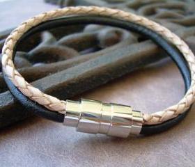 Mens Leather Bracelet with Stainless Steel Magnetic Clasp Black and Natural Braided - MB12 Urban Survival Gear USA
