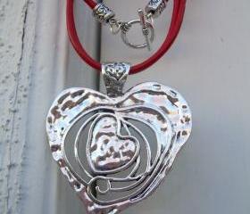 Leather Necklace, Heart Pendant, Red