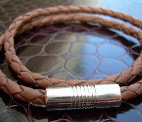Mens Leather Bracelet with Stainless Steel Magnetic Clasp Saddle Double Wrap