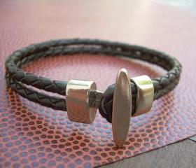 Mens Brown Braided Leather Bracelet with Stainless Steel Toggle Clasp