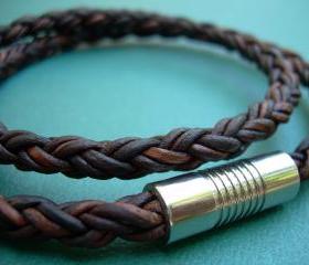 Mens Leather Bracelet, Double Wrap, Natural Antique Brown Braided, with Stainless Steel Magnetic Clasp