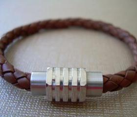 Mens Leather Bracelet with Stainless Steel Magnetic Clasp Braided Saddle Color - MB06 Urban Survival Gear USA