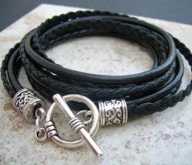Leather Bracelet, Womens, Black, Triple Wrap, Triple Strands