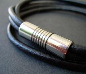 Mens Leather Bracelet, with Stainless Steel Magnetic Clasp, Double Strand, Double Wrap, Black