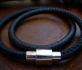 Leather Bracelet , Double Wrap with Stainless Steel Magnetic Clasp, Premium Stitched Nappa Leather, Mens Bracelet, Mens Jewelry, Mens Gift