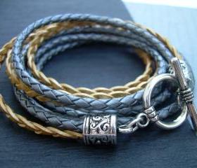 Womens Leather Bracelet , Metallic Gray-Silver and Gold, Triple Wrap, Womens Bracelet, Leather Bracelet, Womens Jewelry, Mothers Day Gift